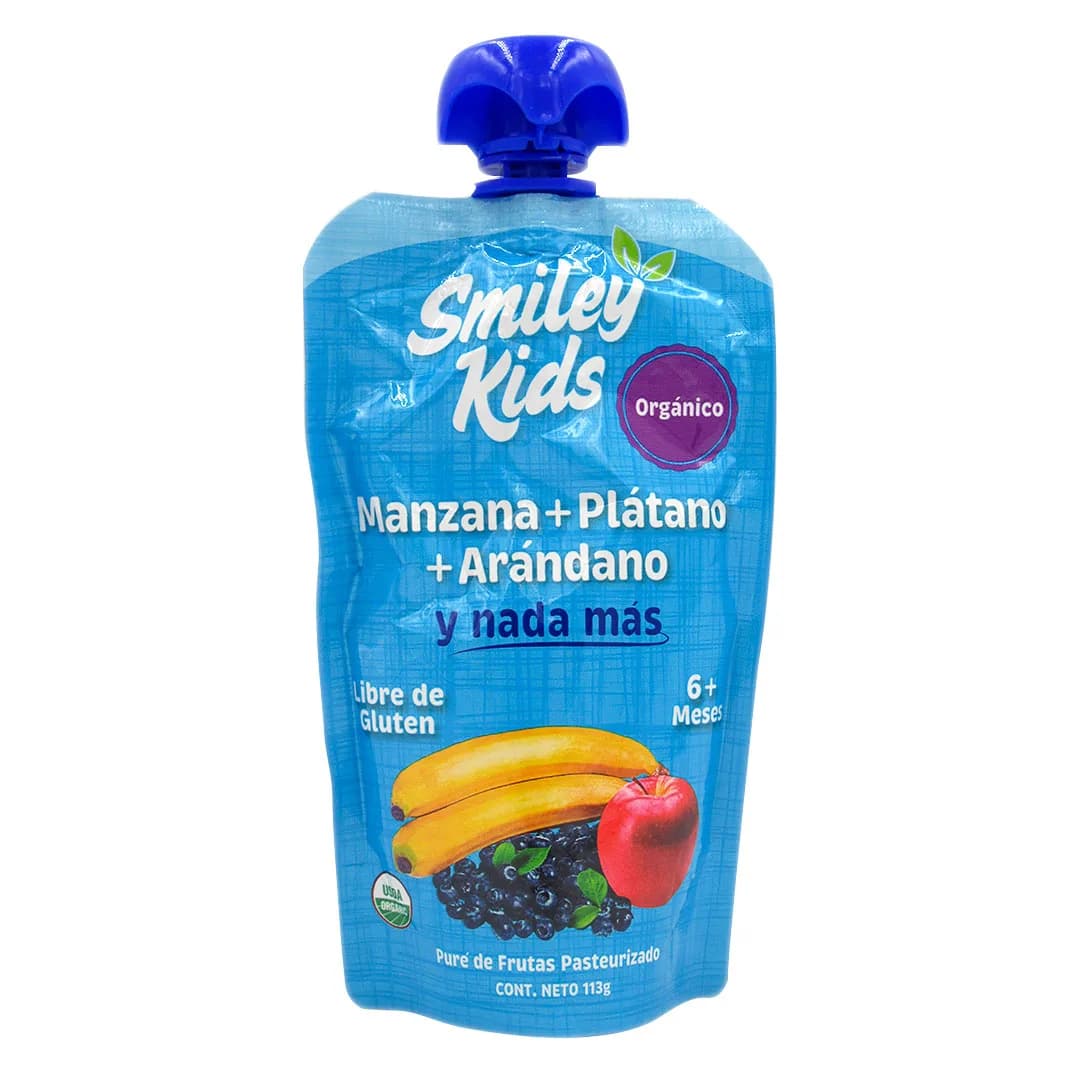 Pure de Frutas Orgánico, Sin Gluten, Manzana, Plátano y Arandano,113 Grs
