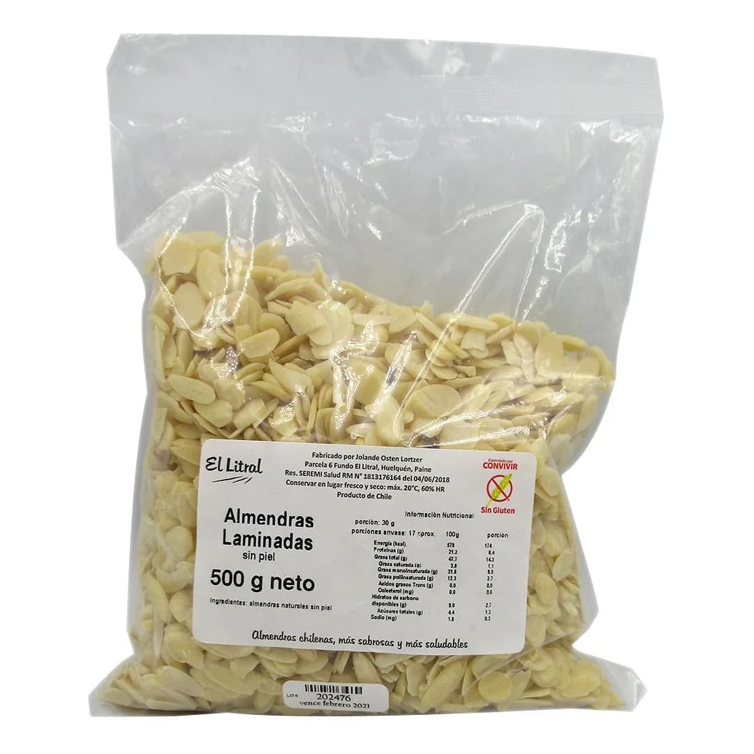 Almendras Laminadas Sin Piel sin Gluten 500 Grs