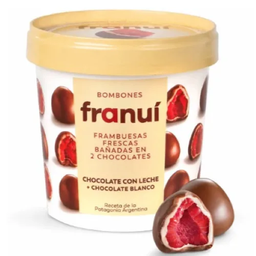 Frambuesa Bañada de Chocolate Blanco y Chocolate de Leche 150g
