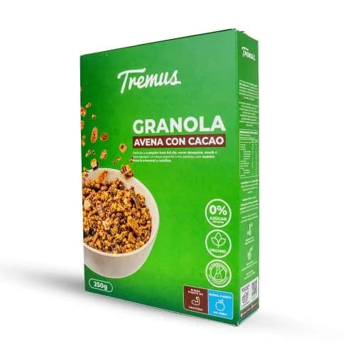 Granola de Avena con Cacao Vegana, sin Azúcar Añadida, 250 g