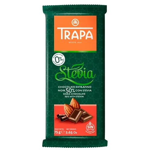 Barra de Chocolate 50% Cacao endulzado con Stevia y Sin Gluten 75 grs