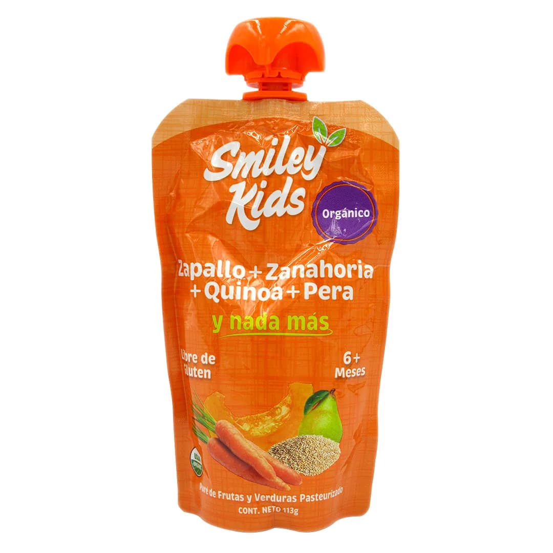 Pure de Frutas Orgánico, Sin Gluten, Zapallo, Zanahoria,Quinoa y Pera, 113 Grs