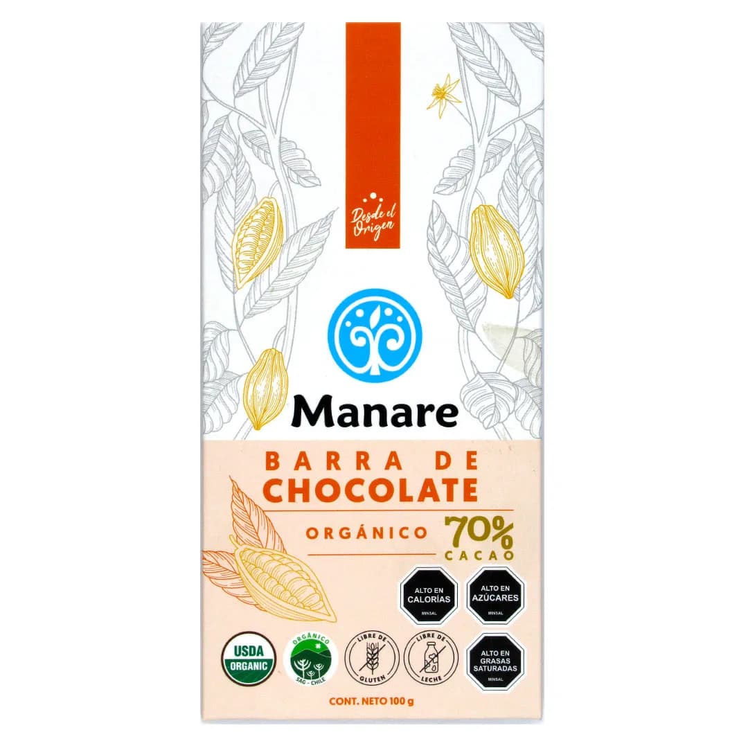 Barra de Chocolate 70% Cacao Orgánico Libre de Gluten Libre de Leche 100 grs