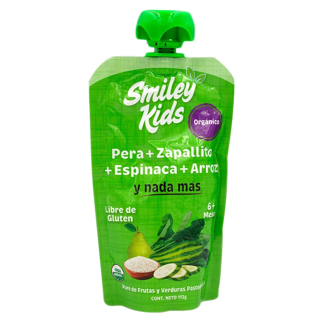 Pure de Frutas Orgánico, Sin Gluten, Pera, Zapallito, Espinaca y Arroz, 113 Grs