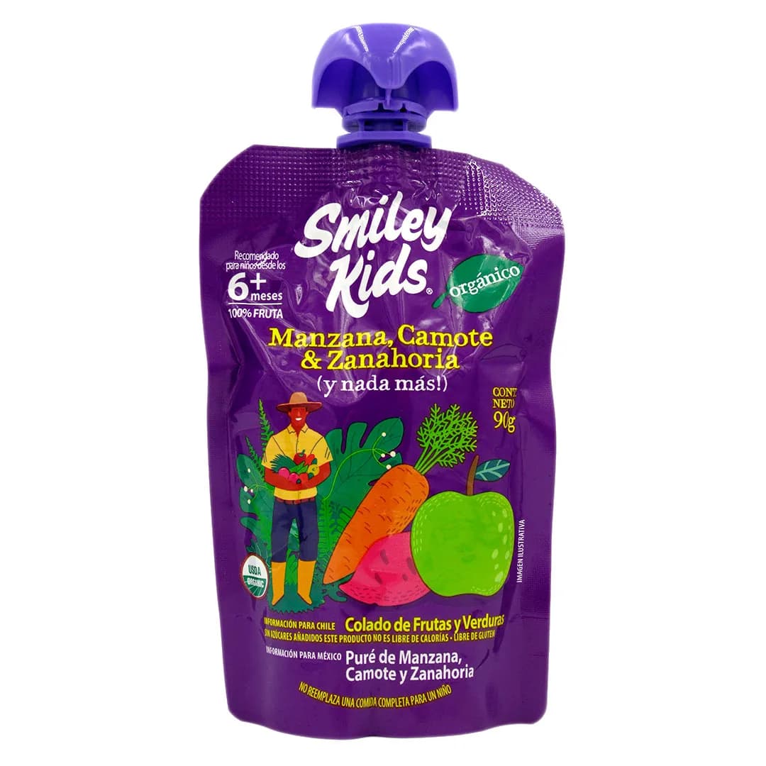 Pure de Frutas Orgánico Sin Gluten Sabor Manzana Camote y Zanahoria 90 Grs