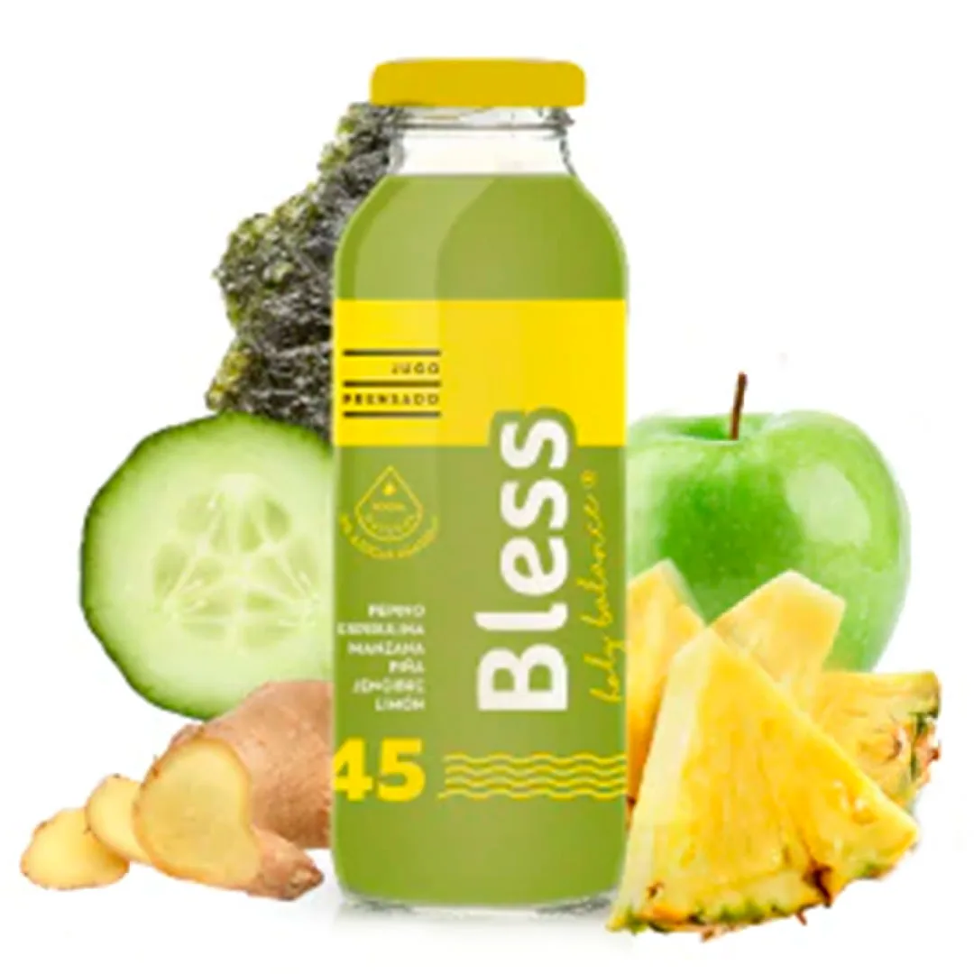 Jugo Prensado Fruta & Hortaliza Bless con Sabor Pepino Espirulina Manzana Piña Jengibre Limón Sin Az