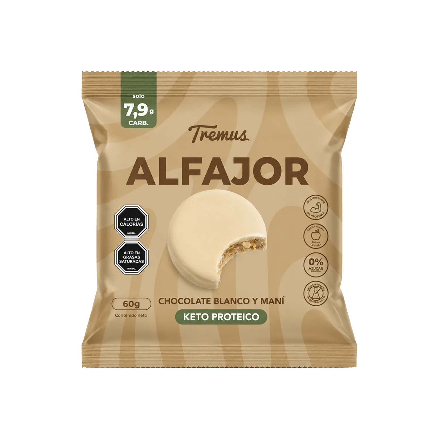 Alfajor Chocolate Blanco y Mantequilla de Maní, Keto Proteico, Sin Azúcar Añadida, 60 g