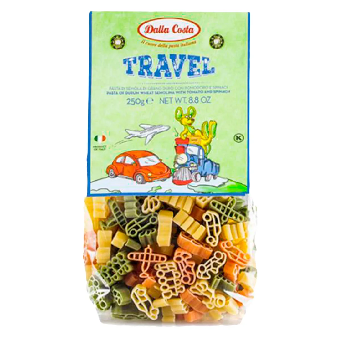 Pasta Tricolor de Espinaca y Tomates con forma de Medios de Transporte Vegana 250 gr