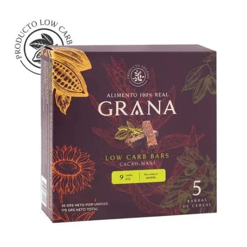 Pack 5 Barras Vegana Low Carb Cacao Maní Sin Azúcar 200gr