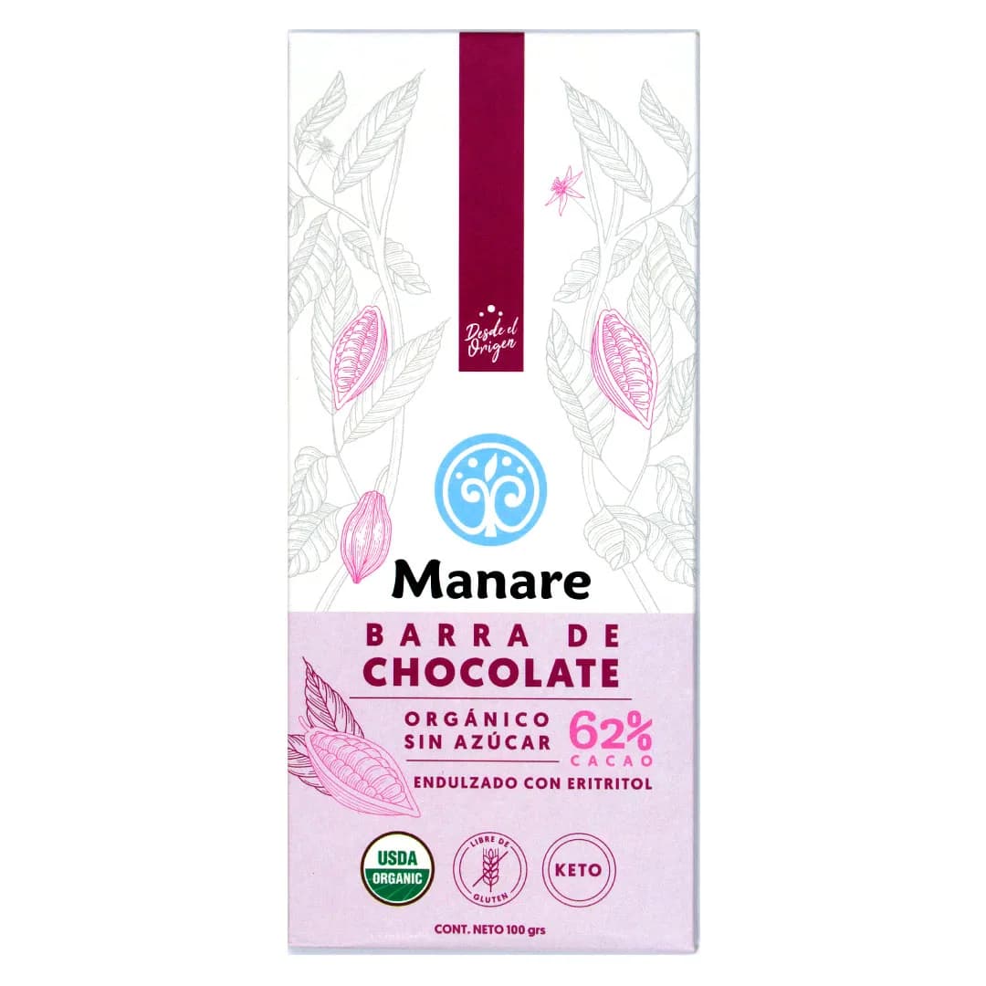 Barra de Chocolate 62% Cacao Keto Orgánico Libre de gluten 100 grs