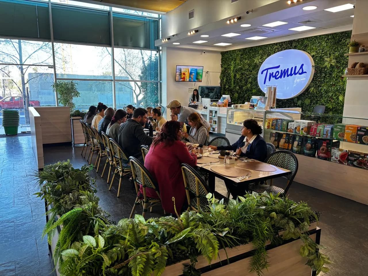 Desayuno de grupo en la cafetería Tremus Estoril, Las Condes, con el logo Tremus sobre un muro verde