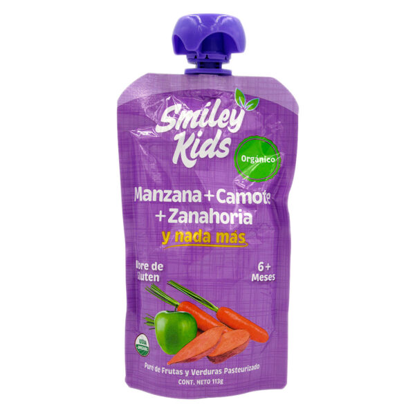 Pure de Frutas Organico, Sin Gluten, Sabor Manzana, Camote y Zanahoria, 113 Grs, Marca Smiley Kids