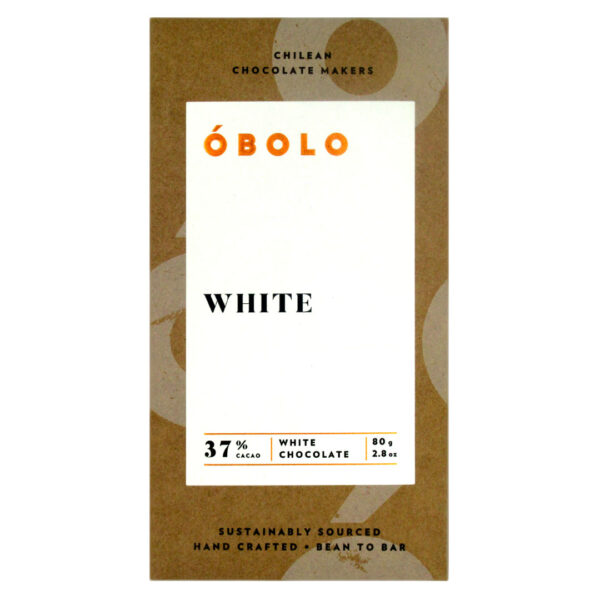 Barra de Chocolate White 37% Cacao, Sabor White, Sin Gluten, Sin Soya, 80 gr, Marca Óbolo