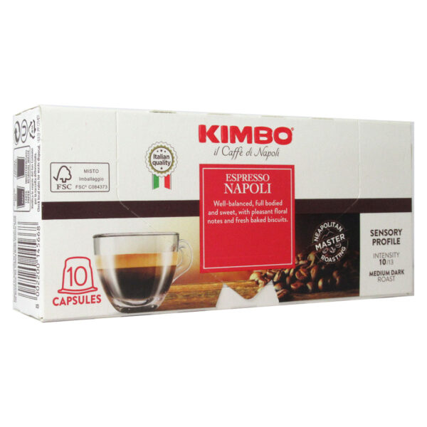 Café Espresso Napoli Mezcla Arabica y Robusta Tostado Medio Oscuro 10 cápsulas 55g marca Kimbo