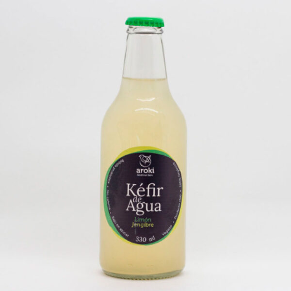 Kefir de Agua Limon Jengibre Sin Gluten Vegano Sin Lactosa 330cc Marca Aroki