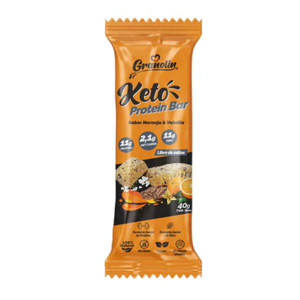 Barra de Proteina Keto, Sabor Naranja Vainilla, Vegano, Sin Gluten, 40g, Marca Granolin
