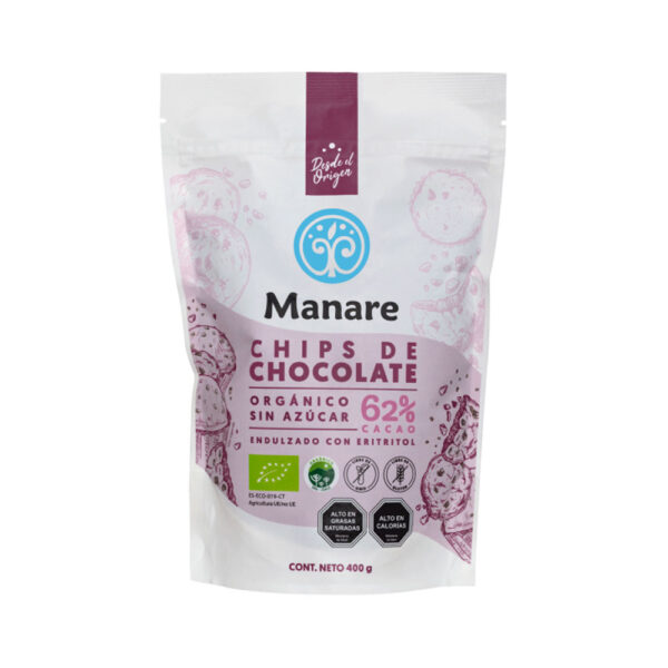 Chips de Chocolate Orgánico 62 Cacao sin Azucar 400grs Marca Manare