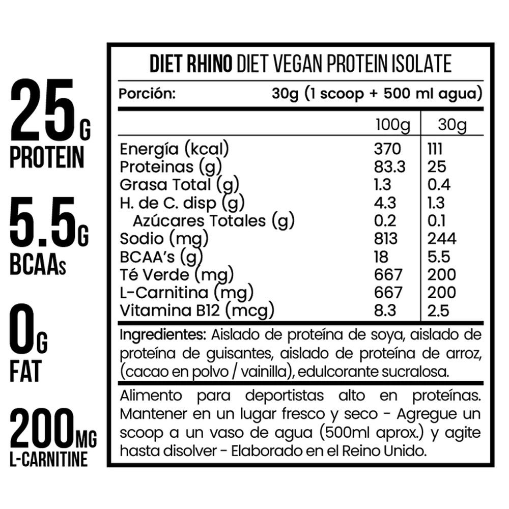 Proteina Premium Diet Rhino Vegana Insolate Sabor Chocolate 1.32 Kgrs