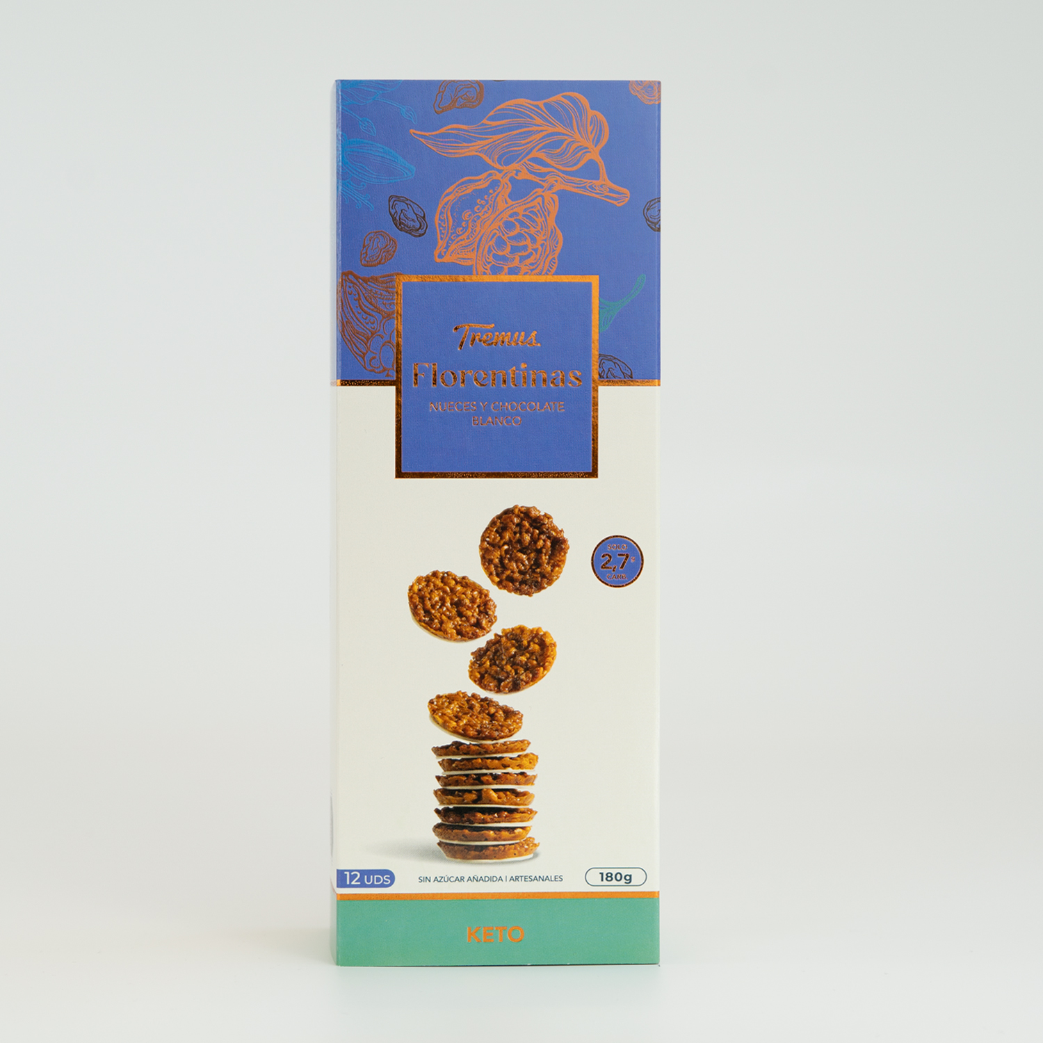 Galletas Florentinas Nueces y Chocolate Blanco, Keto, Sin Azúcar Añadida, 180 g, Tremus