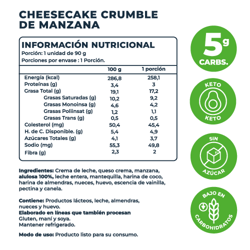 Postre Cheesecake Crumble de Manzana Keto, Sin Azúcar Añadida, 90 g, Tremus - Imagen 4