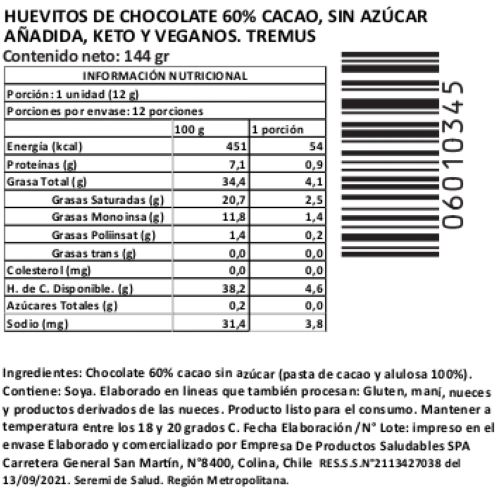 (D) Huevitos De Chocolate 60% cacao, 12 Unidades, Keto y Vegano, Marca Tremus 3 (D) Huevitos De Chocolate 60% cacao, 12 Unidades, Keto y Vegano, Marca Tremus - Imagen 3