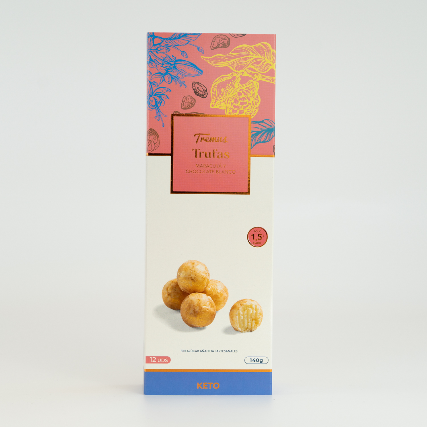 Trufas de Maracuyá y Chocolate Blanco, Pack de 12 Unidades, Sin Azúcar, Keto, Marca Tremus