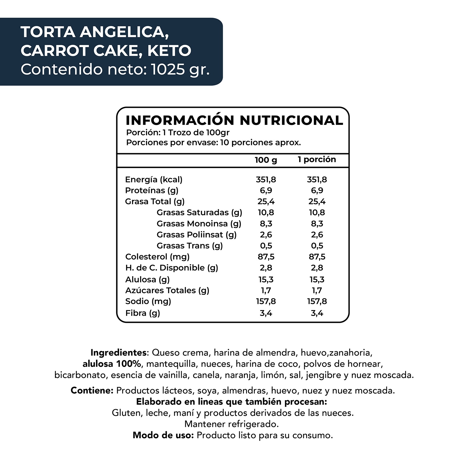 Torta Carrot Cake, Keto, Sin Azúcar Añadida, 1025 g, Tremus 4 Torta Carrot Cake, Keto, Sin Azúcar Añadida, 1025 g, Tremus - Imagen 4